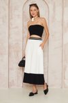 Beyaz Şeritli Bloklu Uzun Salaş Kloş Bohem Beli Lastik Cepli Etek