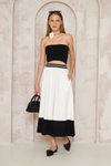 Beyaz Şeritli Bloklu Uzun Salaş Kloş Bohem Beli Lastik Cepli Etek