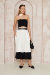 Beyaz Şeritli Bloklu Uzun Salaş Kloş Bohem Beli Lastik Cepli Etek