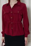Bordo Kupra Uzun Kollu Beli Büzgülü Gömlek