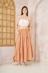 Long Loose Casual Flared Tiered Asymmetric Ruffled Elastic Waist Pocketed Skirt - Camel