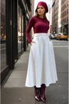 Ekru Kırçıllı Uzun Kışlık Yüksek Bel Kloş Kaşe Cepli Etek