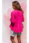 Fuşya Rahat Kesim Arkası Uzun Pamuk Keten Fırfırlı Bluz