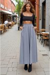 Gri Uzun A Kesim Salaş Yüksek Bel Beli Lastikli Kupra Etek