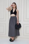 Gri Uzun Yazlık Paraşüt Kumaş Gizli Fermuarlı Etek
