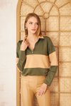 Haki Bej Color Block Uzun Kol Salaş Fermuarlı Polo Yaka Sweatshirt