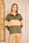 Haki Bej Color Block Uzun Kol Salaş Fermuarlı Polo Yaka Sweatshirt