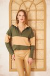 Haki Bej Color Block Uzun Kol Salaş Fermuarlı Polo Yaka Sweatshirt