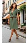 Haki Bol Kesim Kısa Kollu Dizüstü Midi Polo Yaka Elbise