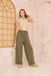 Haki Bol Paça Salaş Lastikli Bel Cepli Viskon Pantolon