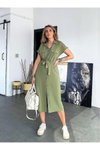 Haki Kısa Kollu Yazlık Gömlek Midi Kırışmaz Düğmeli Elbise