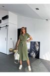 Haki Kısa Kollu Yazlık Gömlek Midi Kırışmaz Düğmeli Elbise