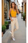 Hardal Çizgili Dar Kesim Havuç Keten Cepli Pantolon