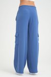 İndigo Mavi Bol Paça Kargo Kupra Kumaş Cepli Beli Lastikli Pantolon