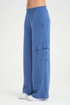 İndigo Mavi Bol Paça Kargo Kupra Kumaş Cepli Beli Lastikli Pantolon