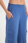İndigo Mavi Bol Paça Kargo Kupra Kumaş Cepli Beli Lastikli Pantolon
