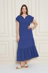 İndigo Mavi Salaş Rahat Kısa Kol Apolet Detaylı Eteği Fırfırlı Elbise