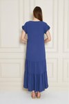 İndigo Mavi Salaş Rahat Kısa Kol Apolet Detaylı Eteği Fırfırlı Elbise