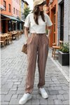 Relaxed Summer Vertically Striped Elastic Waist Cuffed Hem Pants - Brown