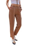 Kahve Dik Çizgili Rahat Yazlık Cepli Beli Lastikli Duble Paça Pantolon