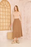 Kahve Uzun Dar Kalıp Yüksek Bel Kloş Cepli Kaşe Dokulu Etek