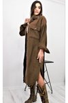 Kahverengi Kaşe Uzun Oversize Kemerli Çift Cep Düğmeli Elbise