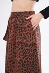Kahverengi Leopar Kamuflaj Desen Uzun Spor Gabardin Kumaş Beli Lastikli Cep Detaylı Etek