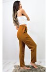 Kahverengi Yüksek Bel Rahat Yumuşak Dokulu Esnek Beli Lastikli Pantolon