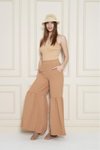 Karamel Beli Lastikli Paçası Büzgü Detaylı Aerobin Kumaş Pantolon