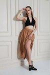Karamel Uzun Yazlık Paraşüt Kumaş Gizli Fermuarlı Etek