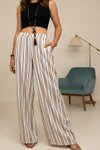 Kiremit Bej Dik Çizgili Beli Lastikli Cepli Pantolon