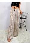 Kiremit Bej Dik Çizgili Beli Lastikli Cepli Pantolon