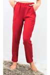 Kırmızı Yüksek Bel Esnek Rahat Yumuşak Dokulu Beli Lastikli Pantolon