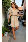 Krem Mini Rahat Keten Beli Büzgülü Yakası Düğmeli Elbise