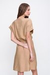 Krem Mini Rahat Keten Beli Büzgülü Yakası Düğmeli Elbise