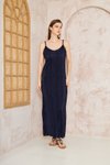 Lacivert Pliseli Uzun İnce Askılı Yırtmaçlı Elbise