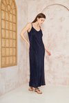 Lacivert Pliseli Uzun İnce Askılı Yırtmaçlı Elbise