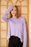 Lila Asimetrik Pliseli Salaş Basic Spor Yoga Yumuşak Parmak Eldiven Detaylı Bluz