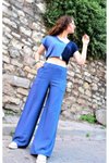 Mavi Bol Paça Rahat Beli Lastikli Çift Cepli Keten Dokulu Pantolon