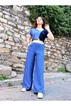 Mavi Bol Paça Rahat Beli Lastikli Çift Cepli Keten Dokulu Pantolon