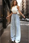 Mavi İnce Kot Bol Paça Bağcıklı Beli Lastikli Pantolon