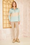 Mint Bej Color Block Salaş Uzun Kol Fermuarlı Polo Yaka Sweatshirt