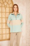 Mint Bej Color Block Salaş Uzun Kol Fermuarlı Polo Yaka Sweatshirt