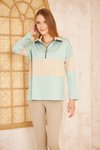 Mint Bej Color Block Salaş Uzun Kol Fermuarlı Polo Yaka Sweatshirt
