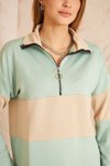 Mint Bej Color Block Salaş Uzun Kol Fermuarlı Polo Yaka Sweatshirt