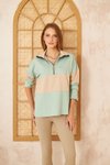 Mint Bej Color Block Salaş Uzun Kol Fermuarlı Polo Yaka Sweatshirt