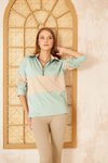 Mint Bej Color Block Salaş Uzun Kol Fermuarlı Polo Yaka Sweatshirt