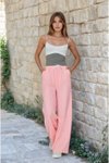 Wide Leg Poplin Pocketed Drawstring Eyelet Pants - Pink and White