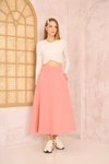 Pembe Midi Dar Kalıp Yüksek Bel Kloş Cepli Kaşe Dokulu Etek