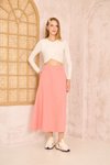 Pembe Midi Dar Kalıp Yüksek Bel Kloş Cepli Kaşe Dokulu Etek